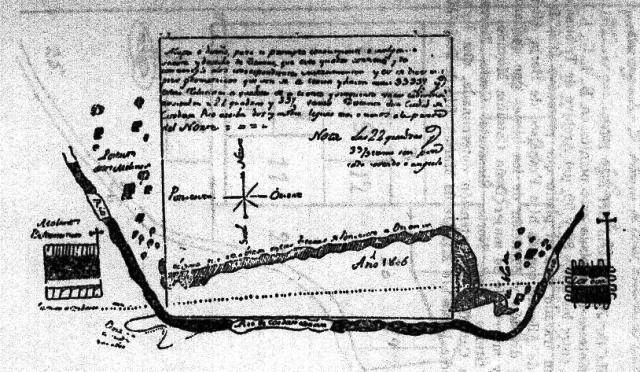 Estancia San Mateo. Colonial map of the post, year 1806, width of 39 x 20 cm. It is located in the Historical Archive of the Province of Córdoba: E 2, E1. 10, e. 31. Pubished by: P Grenon S.J.: Documentos Históricos Sección Geográfica, Cartografía Cordobesa. ed A. Pereyra 1925