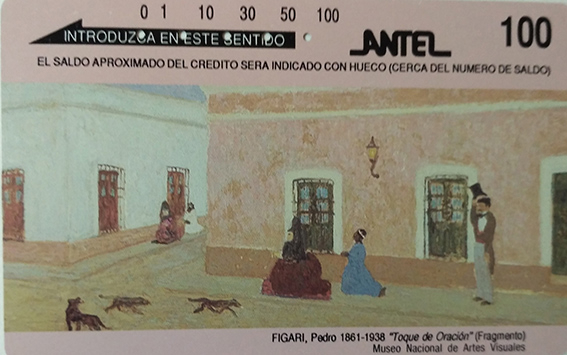 . Tarjeta de teléfono 100 con imagen de la obra de Pedro Figari "Toque de oración". Foto: Museo Figari