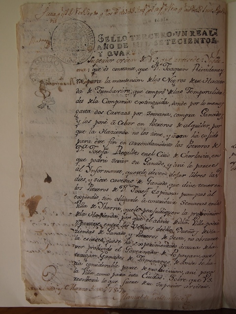 Paper by Joaquin Rivadeneira. Heritage document in the National Archive of Ecuador in the series called Butcher shops and local stores, Box 4, File 15, number of pages: 3.   . Photo: National Archive of Ecuador