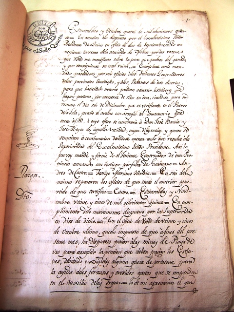 Report by Esmeraldas' Lieutenant Governor (Manuscript). Heritage document in the National Archive of Ecuador in the series called Haciendas (landed estates), Box 118, File 7, number of pages 8. Photo: National Archive of Ecuador
