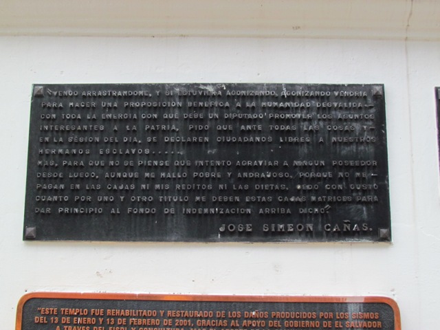 San Vicente. Placa conmemorativa a José Simeón Cañas. Fotografía José Heriberto Erquicia
