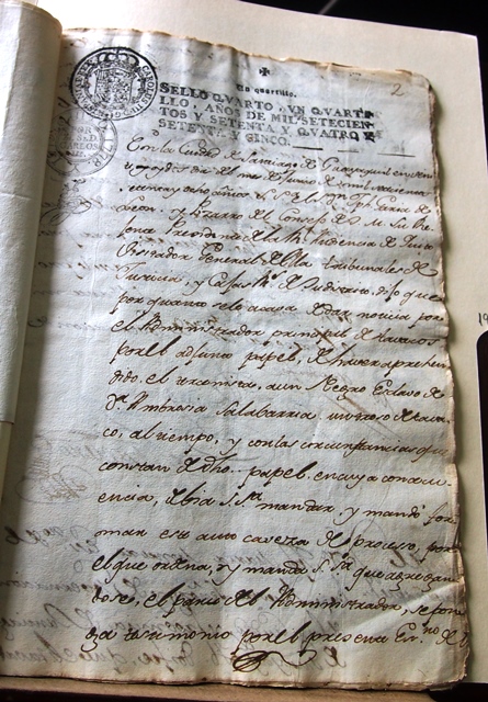 Manuscript Proceedings against a slave 	. Photo National Archive of Ecuador, series Tobacco Levies, box 7, file 19, number of pages: 10. . 